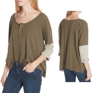 Free People We the Free Retro Trendy Star Henley Top- Army Green W-326 Sz S